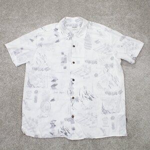 Hurley Camp Shirt‎ Mens Large White/Gray Doom Reverse Print Woven S/S Button Up